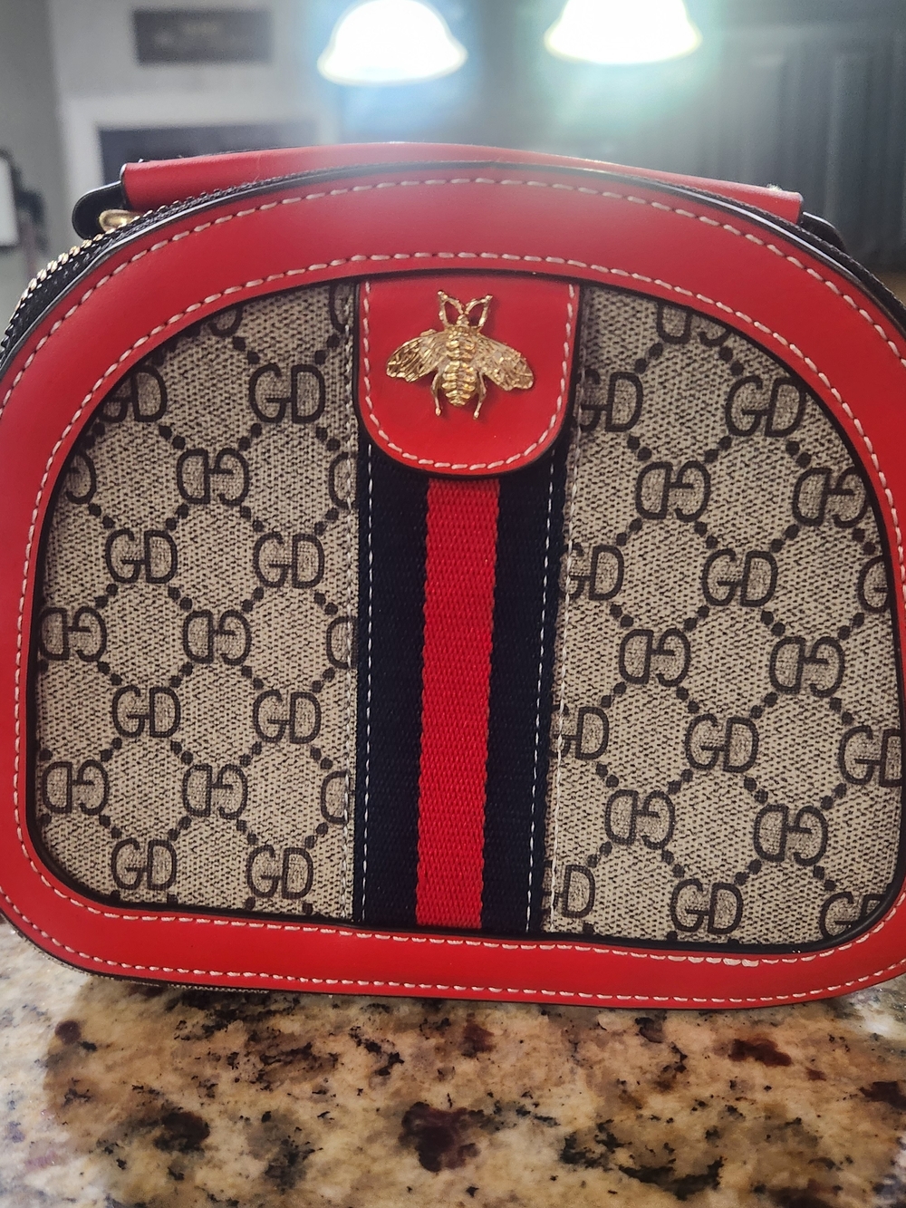 Red Trim Mini Crossbody Bag with Bee Accent